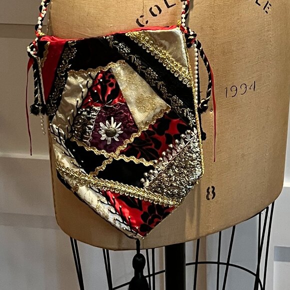 Red Crazy Quilted One of a Kind Evening Bag or Bohemian Crossbody Bag - Picture 1 of 4